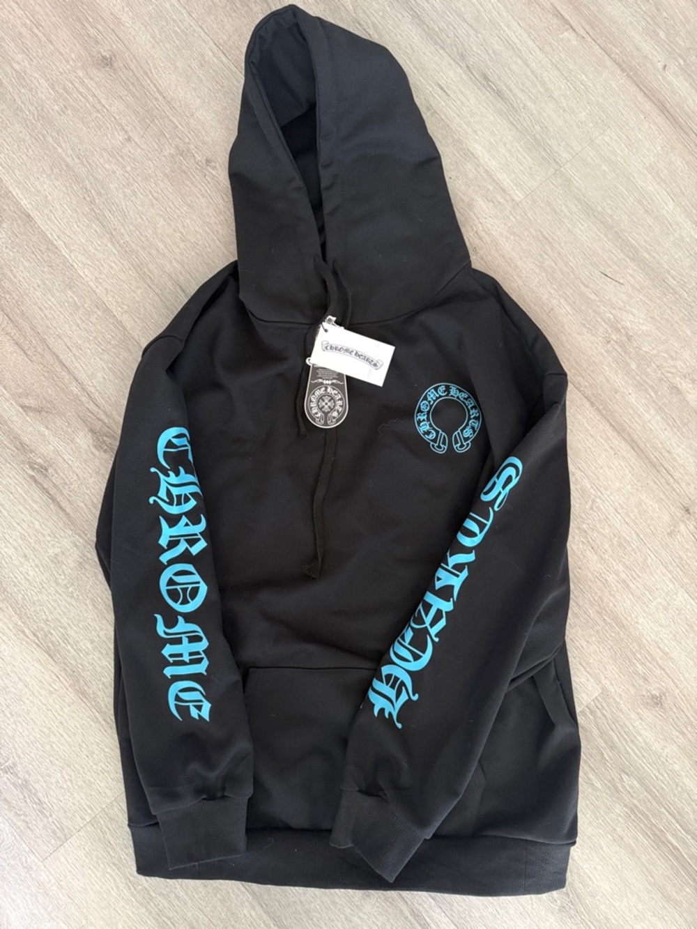 Chrome Hearts Black Hoodie with Turquoise Sleeve Script